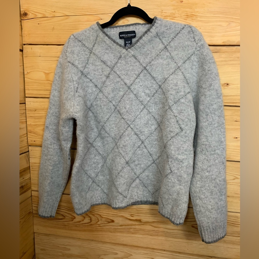 Bowen & Wright Kids Grey 100% Shetland Wool‎ Argyle V-Neck Sweater Size L